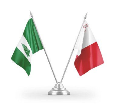 Malta ve Norfolk Adaları masa bayrakları beyaz arkaplanda 3 boyutlu görüntüleme