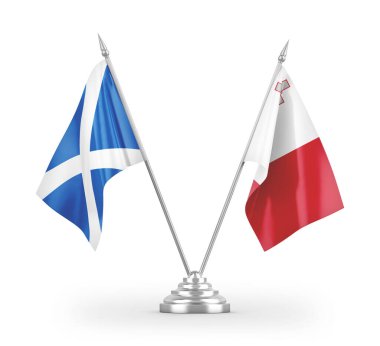 Beyaz arkaplan üzerinde izole edilmiş Malta ve İskoçya masa bayrakları