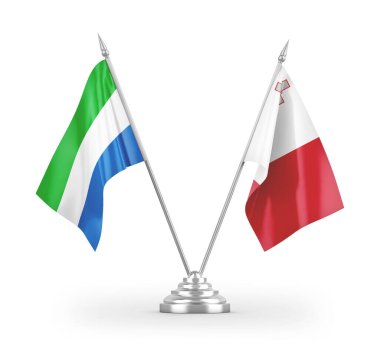 Malta ve Sierra Leone masa bayrakları beyaz arkaplanda 3 boyutlu görüntüleme