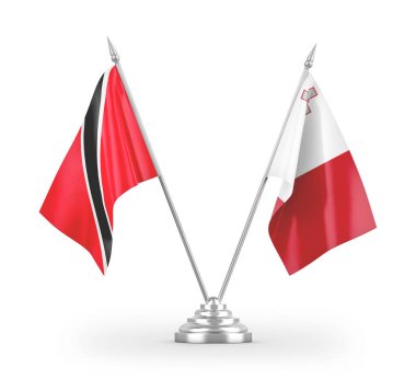 Malta, Trinidad ve Tobago masa bayrakları beyaz arkaplanda izole edilmiş 3D görüntüleme