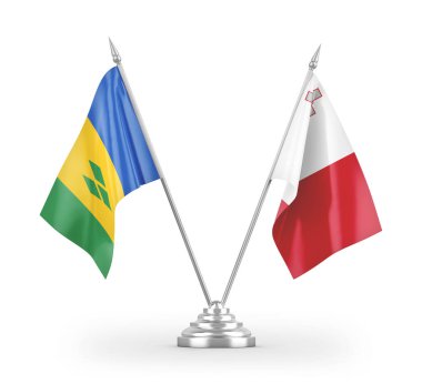 Malta ve Saint Vincent ve Grenadine masa bayrakları beyaz arka planda izole edilmiş 3D görüntüleme