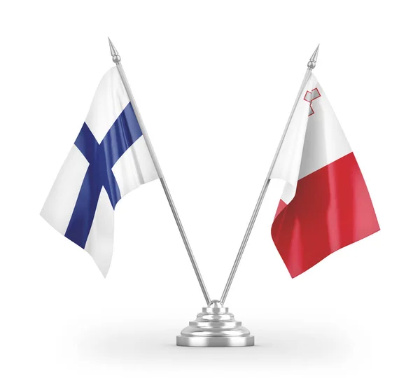 Bandeiras Mesa Malta Finlândia Isoladas Fundo Branco Renderização — Fotografia de Stock