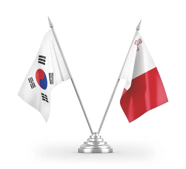 Bandiere Tavolo Malta Corea Del Sud Isolate Sfondo Bianco Rendering — Foto Stock