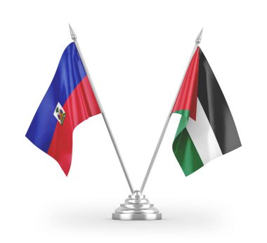 Ürdün ve Haiti masa bayrakları beyaz arkaplanda izole edilmiş 3D görüntüleme