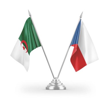 Beyaz arkaplanda izole edilmiş Çek ve Cezayir masa bayrakları 3D görüntüleme