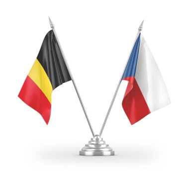 Çek ve Belçika masa bayrakları beyaz arkaplan 3d görüntüleme üzerinde izole