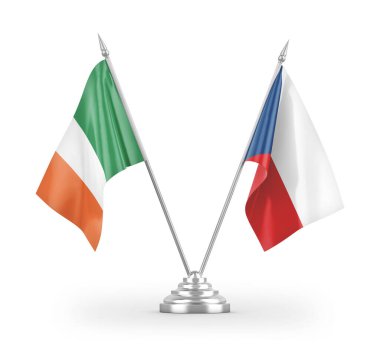 Çek ve İrlanda masa bayrakları beyaz arkaplanda izole edilmiş 3D görüntüleme