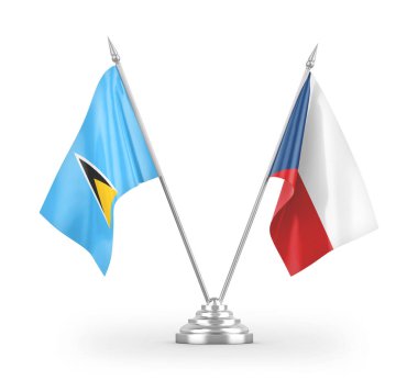 Çek ve Saint Lucia masa bayrakları beyaz arkaplanda izole edilmiş 3D görüntüleme