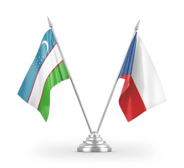 Çek ve Özbekistan masa bayrakları beyaz arkaplan 3d görüntüleme üzerinde izole edildi