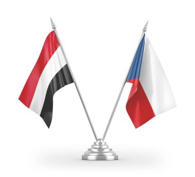 Beyaz arkaplandaki Çek ve Yemen masa bayrakları 3 boyutlu görüntüleme