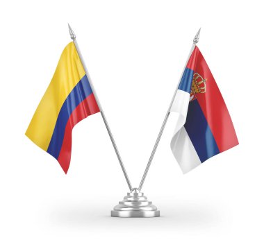 Sırbistan ve Kolombiya masa bayrakları beyaz arkaplandaki 3D görüntülere izole edildi