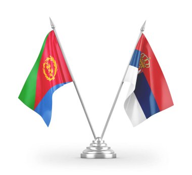 Sırbistan ve Eritre masa bayrakları beyaz arkaplandaki 3D görüntülere izole edilmiş