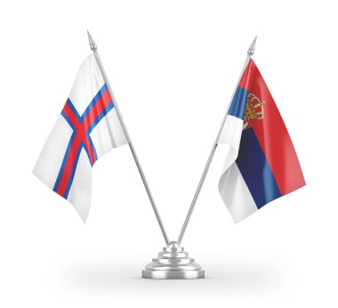 Sırbistan ve Faroe Adaları masa bayrakları beyaz zemin üzerinde izole edilmiş 3D görüntüleme