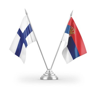 Sırbistan ve Finlandiya 'nın bayrakları beyaz arkaplandaki 3D görüntülere izole edilmiş