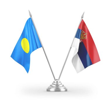 Sırbistan ve Palau masa bayrakları beyaz arka planda izole edildi