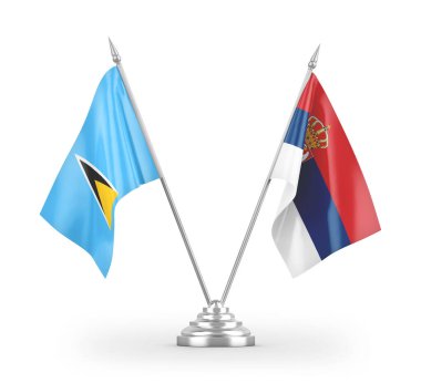 Sırbistan ve Saint Lucia masa bayrakları beyaz zemin üzerinde izole edilmiş 3D görüntüleme