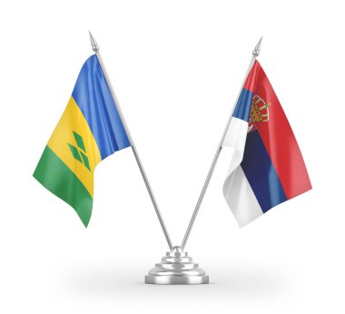 Sırbistan ve Saint Vincent ve Grenadines masa bayrakları beyaz zemin üzerinde izole edilmiş 3D