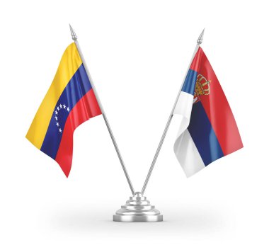 Sırbistan ve Venezuela masa bayrakları beyaz arka planda izole edilmiş 3D görüntüleme