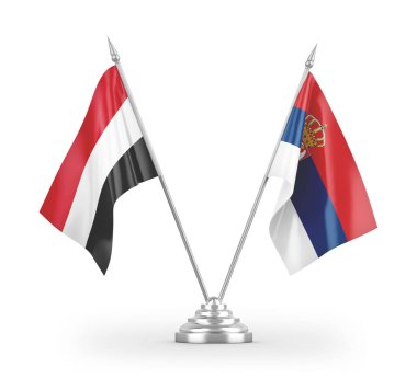 Sırbistan ve Yemen masa bayrakları beyaz arkaplandaki 3D görüntülemede izole edildi