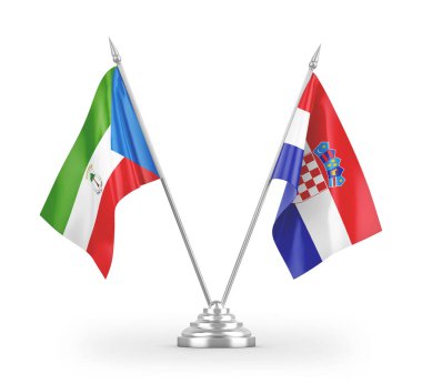 Hırvatistan ve Ekvator Gine masa bayrakları beyaz zemin üzerinde izole edilmiş 3D görüntüleme