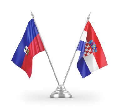 Hırvatistan ve Haiti masa bayrakları beyaz arkaplandaki 3D görüntülemede izole edildi