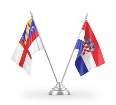 Hırvatistan ve Herm masa bayrakları beyaz arkaplandaki 3D görüntülemede izole edildi