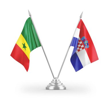 Hırvatistan ve Senegal masa bayrakları beyaz arkaplandaki 3D görüntüleme üzerinde izole edilmiş