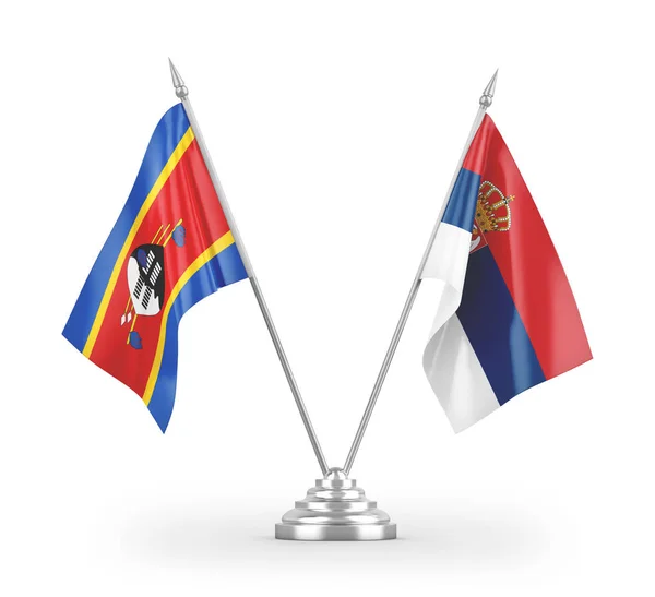 Banderas Mesa Serbia Eswatini Swazilandia Aisladas Sobre Fondo Blanco — Foto de Stock