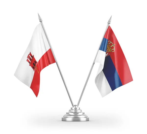 Drapeaux Table Serbie Gibraltar Isolés Sur Fond Blanc Rendu — Photo