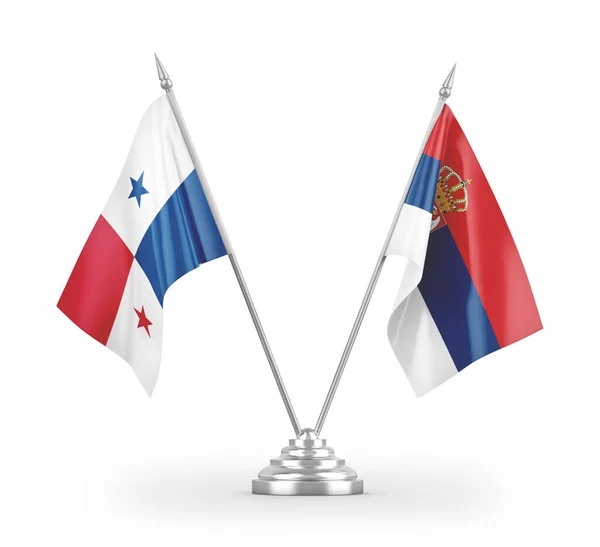 Servië Panama Tafelvlaggen Geïsoleerd Witte Achtergrond Rendering — Stockfoto