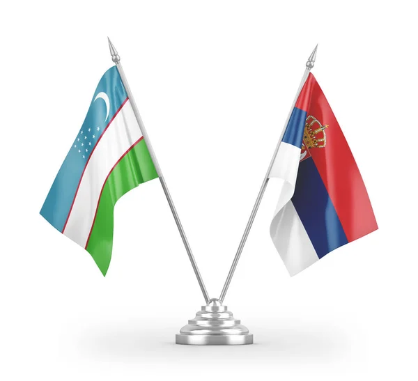 Bandeiras Mesa Sérvia Uzbequistão Isoladas Fundo Branco Renderização — Fotografia de Stock