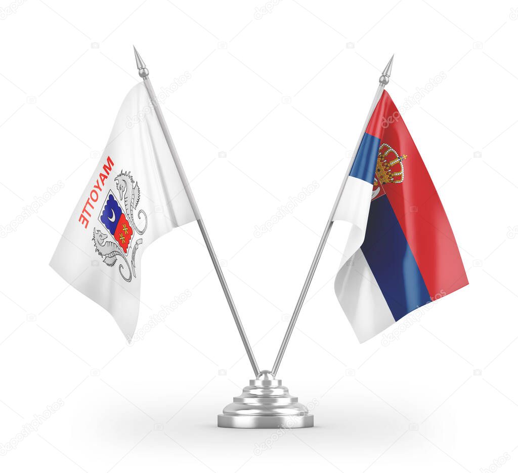 Serbia and Mayotte table flags isolated on white background 3D rendering