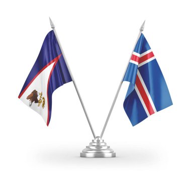 İzlanda ve Amerikan Samoa masa bayrakları beyaz arka planda izole edilmiş 3D görüntüleme