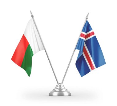 İzlanda ve Madagaskar masa bayrakları beyaz zemin üzerinde izole edilmiş 3D görüntüleme