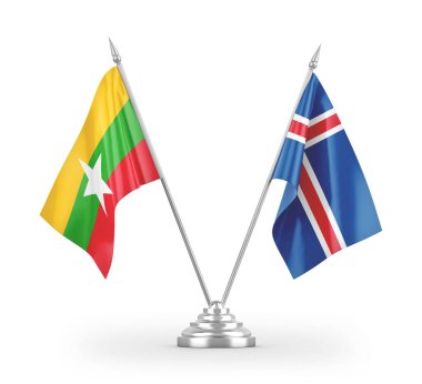 İzlanda ve Myanmar masa bayrakları beyaz arkaplanda 3 boyutlu görüntüleme
