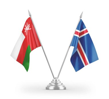 İzlanda ve Umman masa bayrakları beyaz arkaplanda 3 boyutlu görüntüleme