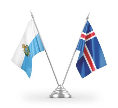 İzlanda ve San Marino masa bayrakları beyaz arkaplanda 3 boyutlu görüntüleme