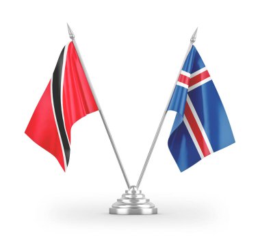 İzlanda, Trinidad ve Tobago masa bayrakları beyaz arka planda izole edilmiş 3D görüntüleme