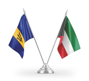 Beyaz arkaplan üzerinde izole edilmiş Kuveyt ve Barbados masa bayrakları 3d