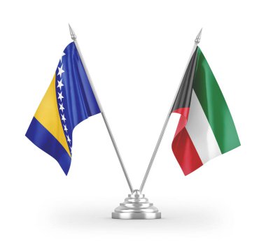 Kuveyt ve Bosna-Hersek masa bayrakları beyaz arka planda izole edilmiş 3D görüntüleme