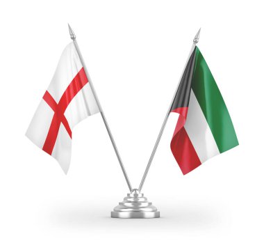 Kuveyt ve İngiltere masa bayrakları beyaz arkaplanda izole edilmiş 3D görüntüleme