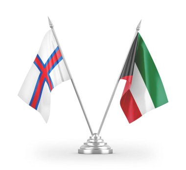 Kuveyt ve Faroe Adaları masa bayrakları beyaz arkaplanda izole edilmiş 3d görüntüleme