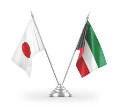 Kuveyt ve Japonya masa bayrakları beyaz arkaplan 3D görüntüleme