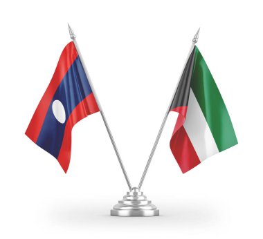 Beyaz arkaplan üzerinde izole edilmiş Kuveyt ve Laos masa bayrakları 3d