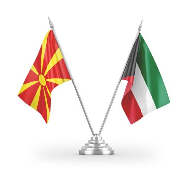 Kuveyt ve Kuzey Makedonya masa bayrakları beyaz arka planda izole edilmiş 3D görüntüleme