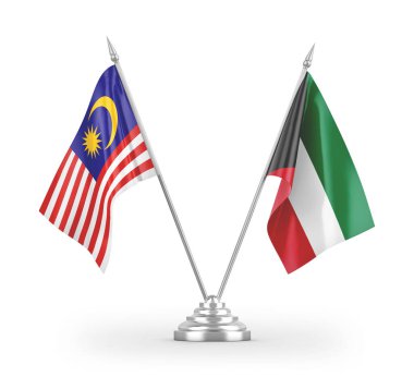Beyaz arkaplan üzerinde izole edilmiş Kuveyt ve Malezya masa bayrakları 3d