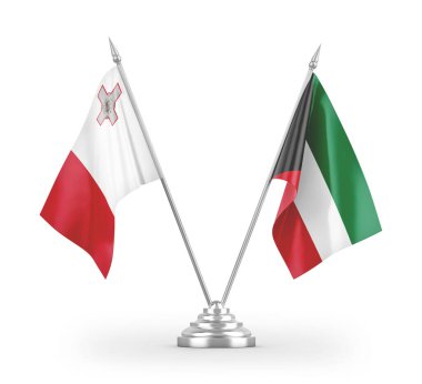 Beyaz arkaplan üzerinde izole edilmiş Kuveyt ve Malta masa bayrakları 3d