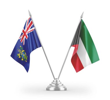 Kuveyt ve Pitcairn Adaları masa bayrakları beyaz arkaplanda izole edilmiş 3d görüntüleme