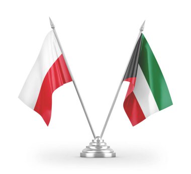 Kuveyt ve Polonya masa bayrakları beyaz arkaplan 3D görüntüleme üzerinde izole