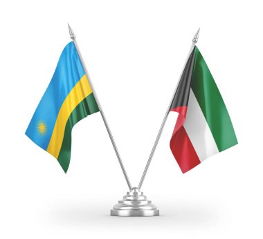 Beyaz arkaplandaki Kuveyt ve Ruanda masa bayrakları 3D görüntüleme